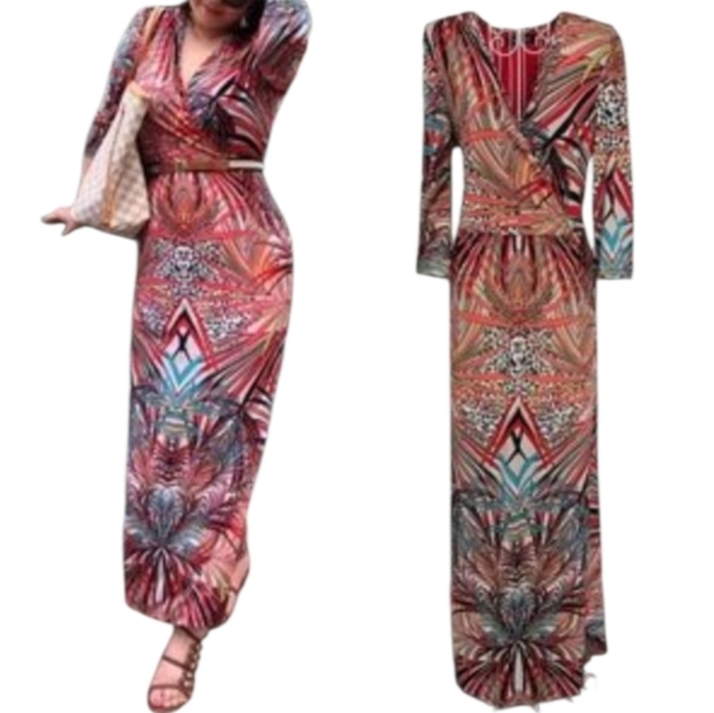 Ellen Tracy Maxi Dress Colorful Print 3/4 Sleeve V-Neck Casual Party‎ Dressy 6